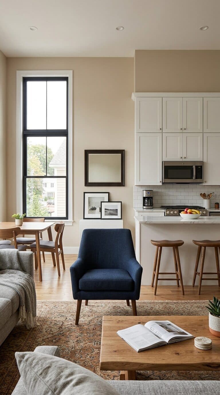 Bright open-plan condo interior with a living area, kitchen island, and bar stools