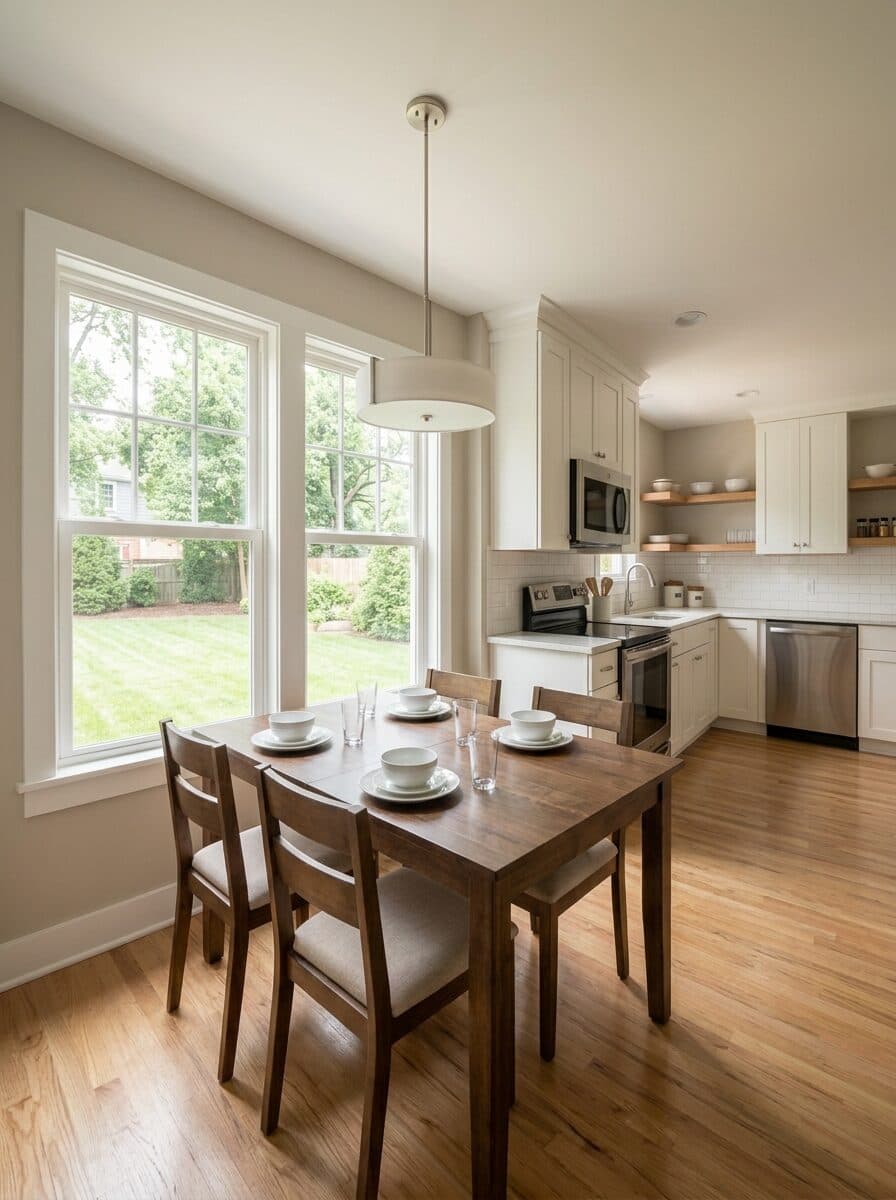 Move-in ready rental unit with a dining table, large windows, and an updated kitchen